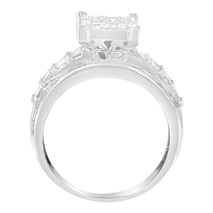 Front-facing view of a white metal ring featuring multiple white round, baguette, and princess shape gemstones in channel and invisible settings.