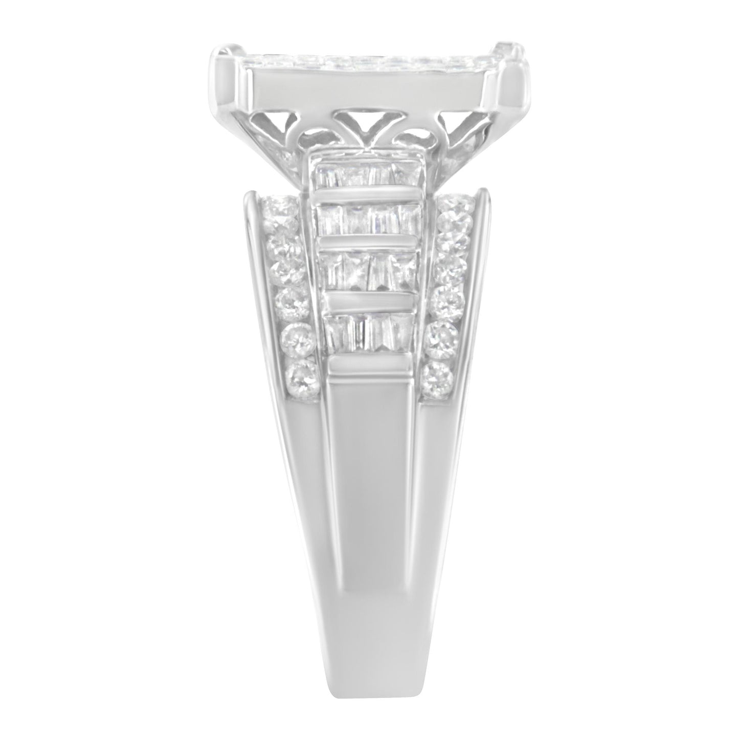 Front view of a white metal ring featuring round, baguette, and princess-shaped white gemstones in channel and invisible settings.