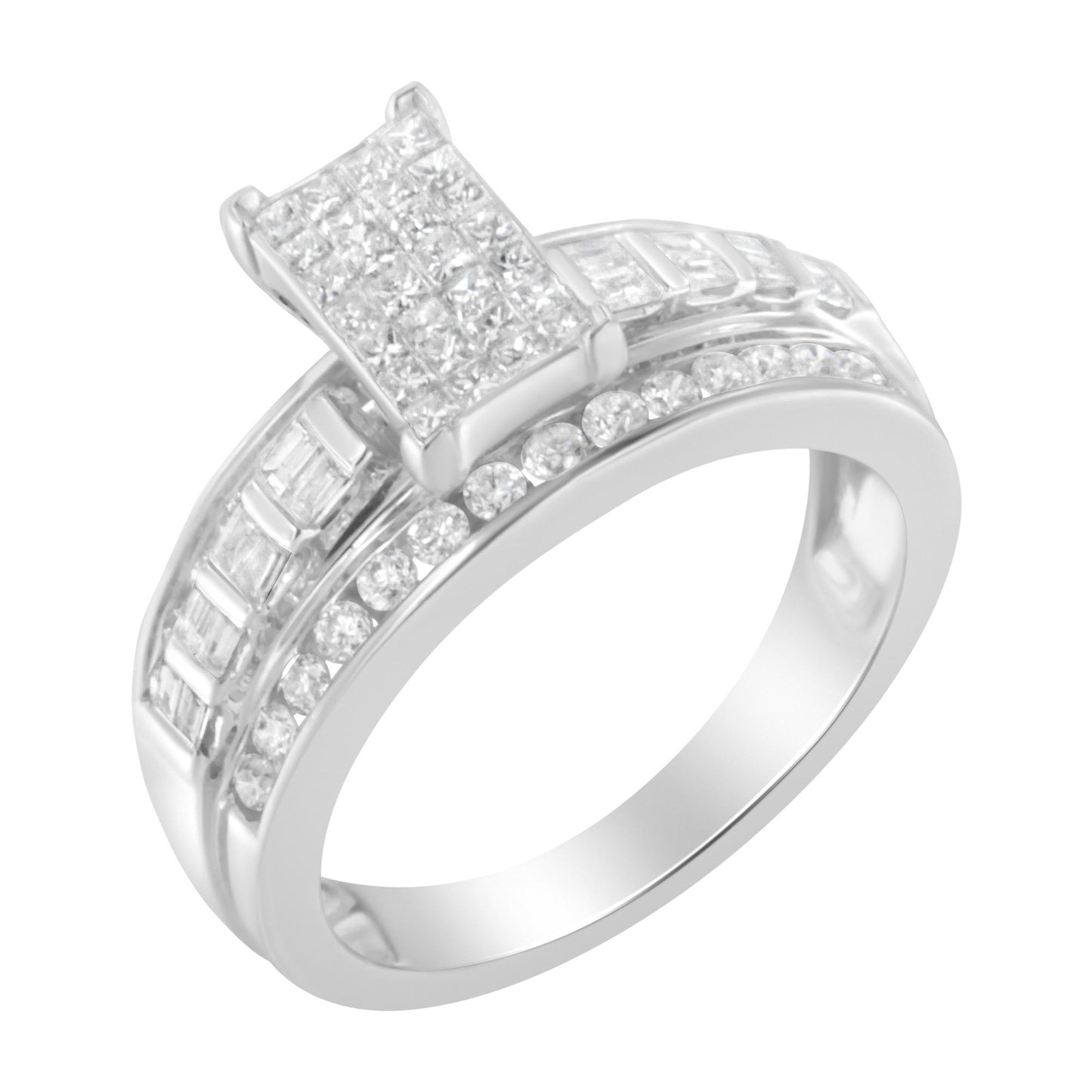 White metal ring shown at an angle with round gemstones in a channel setting, princess gemstones in an invisible setting on a raised square cluster, and baguette gemstones in a channel setting along the band.