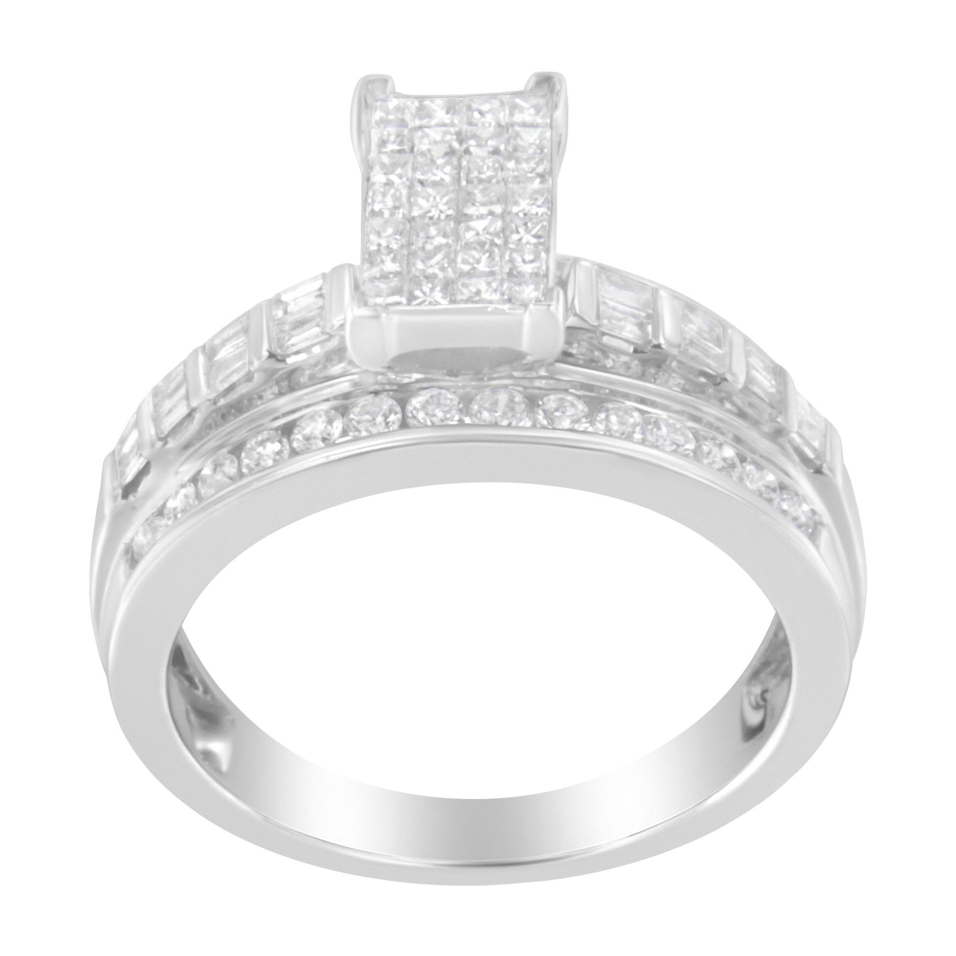 Front-facing view of a white metal ring featuring white round gemstones in a channel setting along the band, white princess gemstones in an invisible setting forming a square cluster on top, and white baguette gemstones in a channel setting surrounding the cluster.
