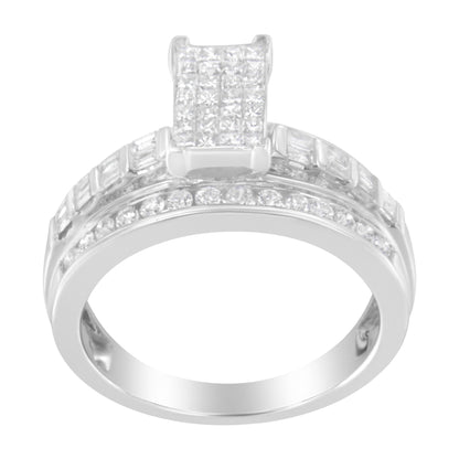 Front-facing view of a white metal ring featuring white round gemstones in a channel setting along the band, white princess gemstones in an invisible setting forming a square cluster on top, and white baguette gemstones in a channel setting surrounding the cluster.
