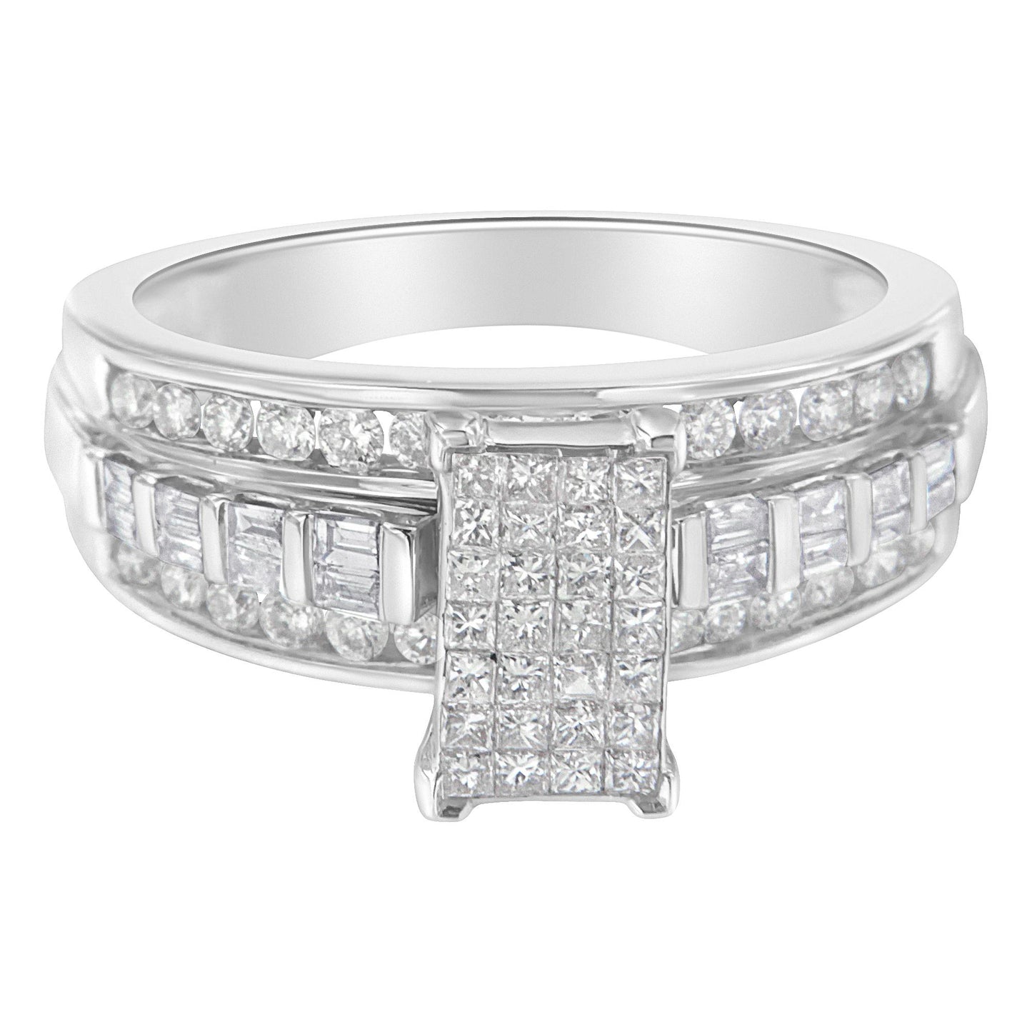 Front angle view of a white metal ring featuring rows of round and baguette white gemstones in channel settings, with a prominent rectangular section of princess-set white gemstones in the center.