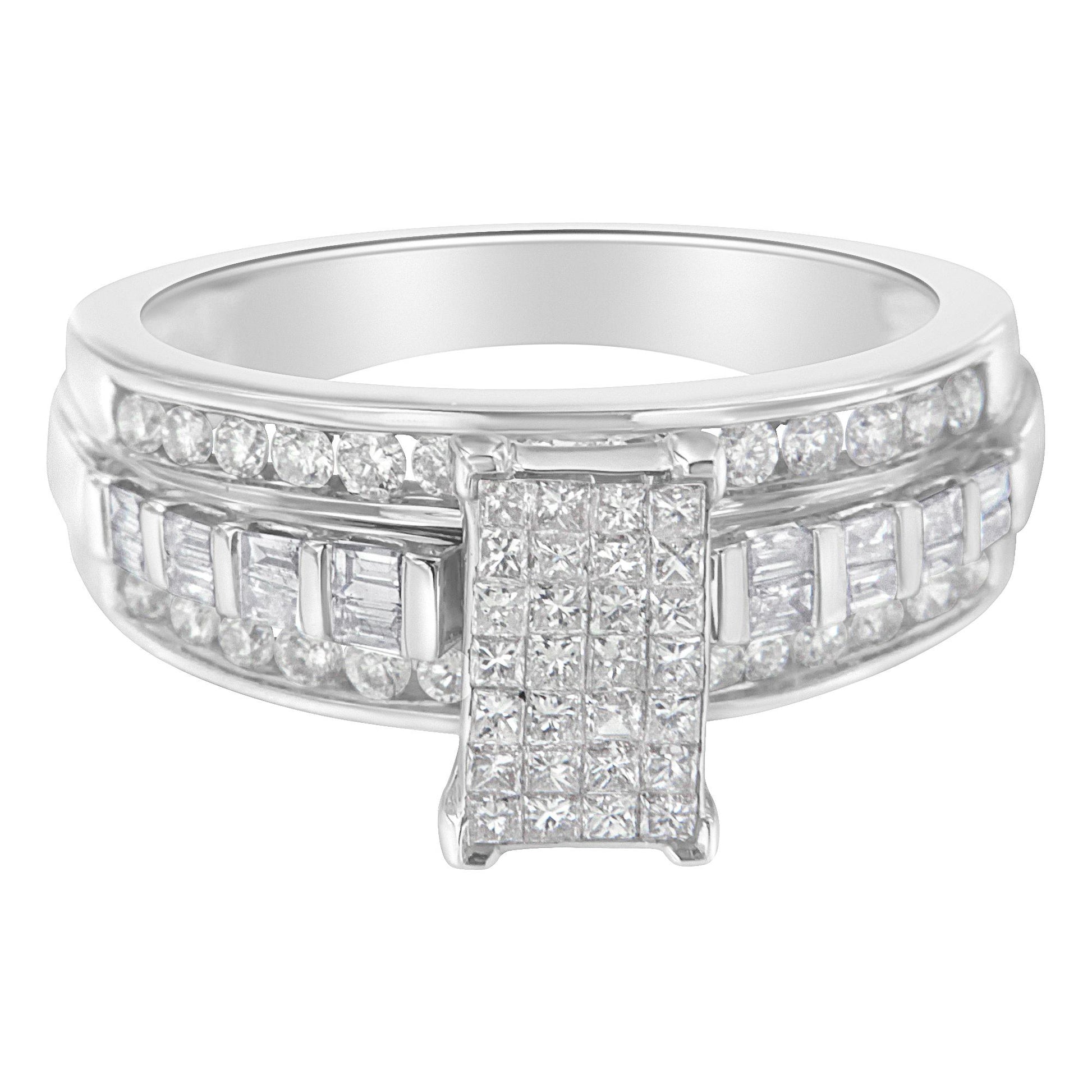 Front angle view of a white metal ring featuring rows of round and baguette white gemstones in channel settings, with a prominent rectangular section of princess-set white gemstones in the center.