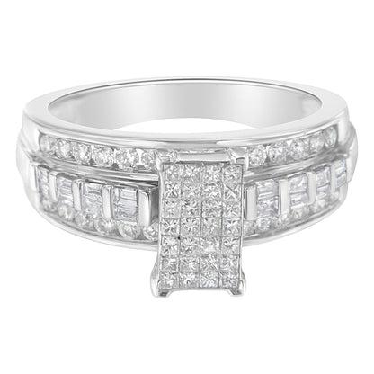 Front angle view of a white metal ring featuring rows of round and baguette white gemstones in channel settings, with a prominent rectangular section of princess-set white gemstones in the center.