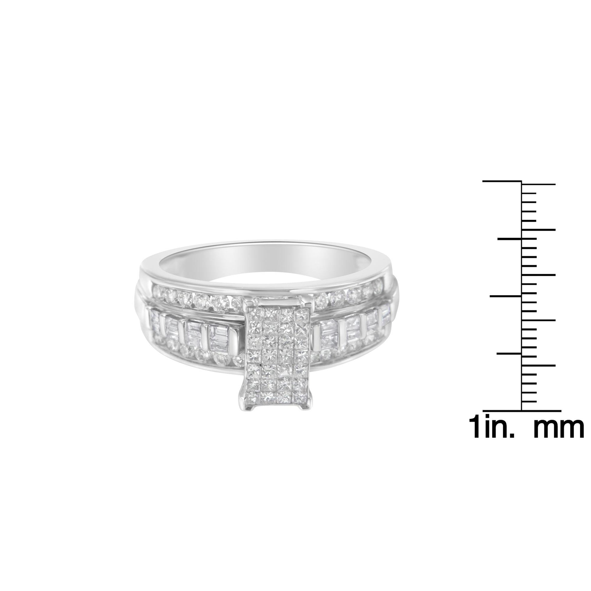 Front view of white metal ring with round, princess, and baguette-shaped white gemstones in channel and invisible settings, shown with a ruler for size reference.