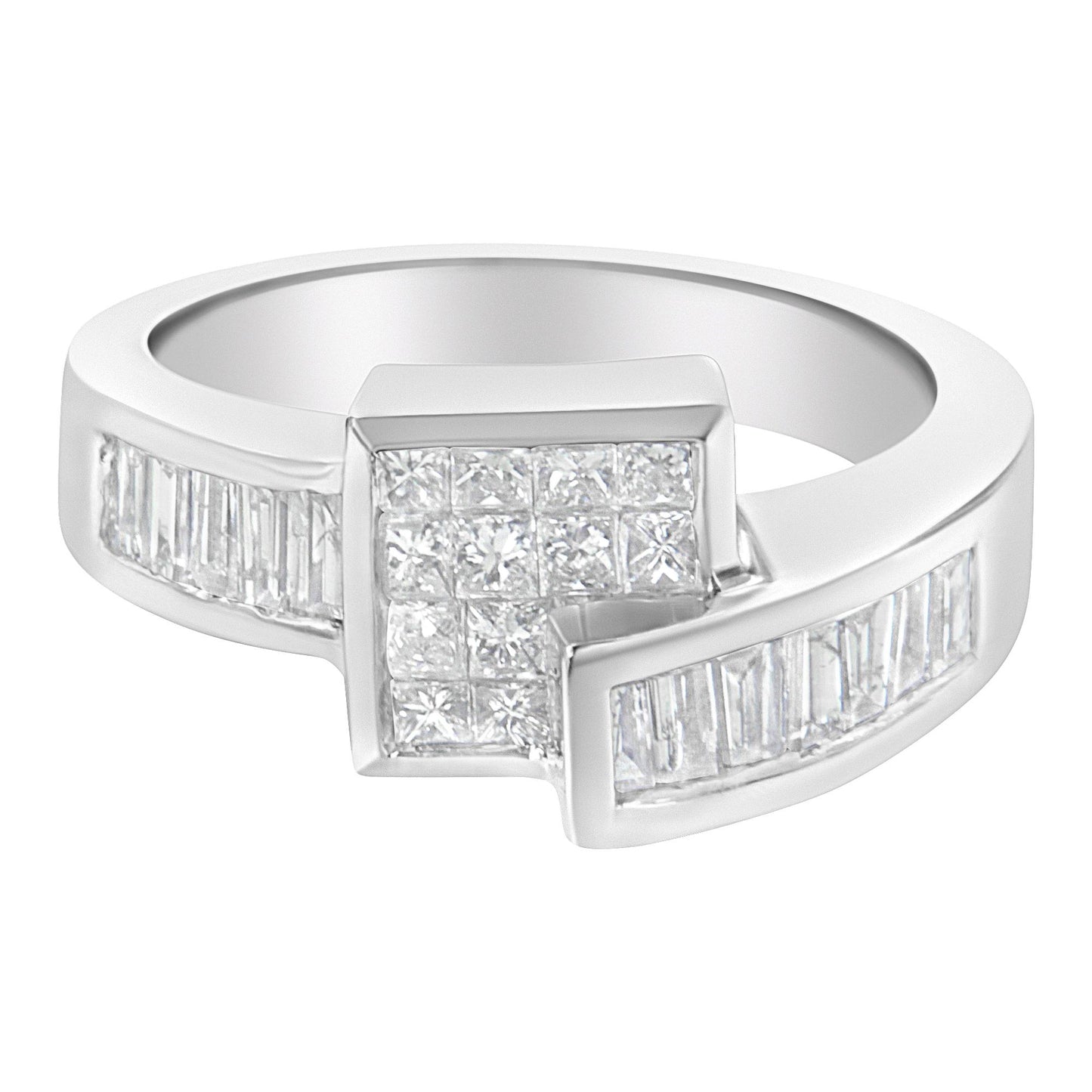 Close-up front angled view of a white metal ring featuring channel-set white princess-shaped gemstones in the center and channel-set white baguette-shaped gemstones along the band.