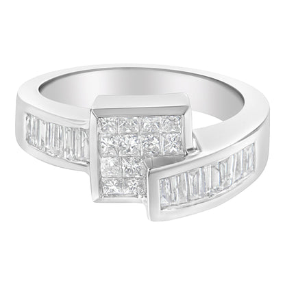Close-up front angled view of a white metal ring featuring channel-set white princess-shaped gemstones in the center and channel-set white baguette-shaped gemstones along the band.