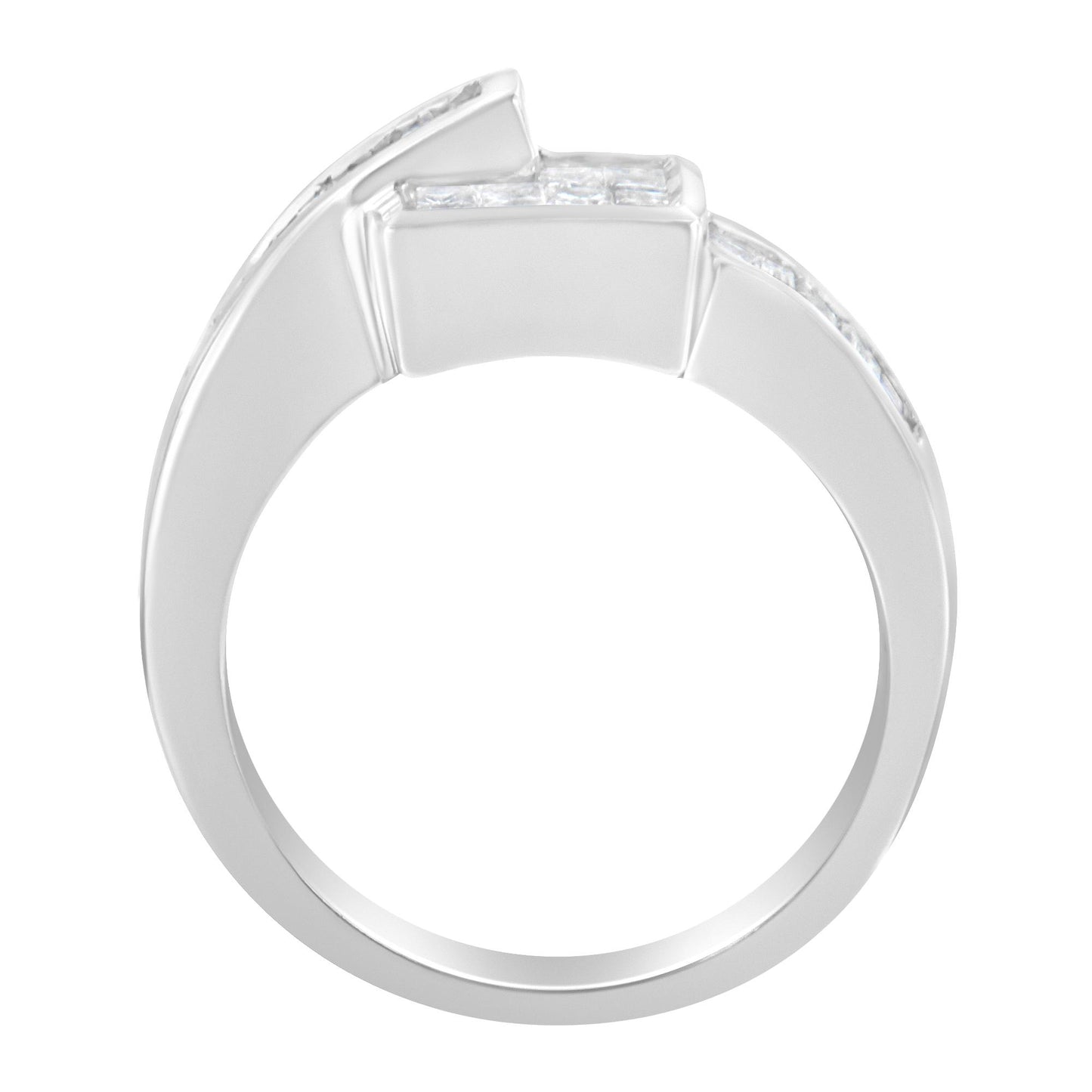 Side view of a white metal ring featuring channel-set white princess and baguette shape gemstones.