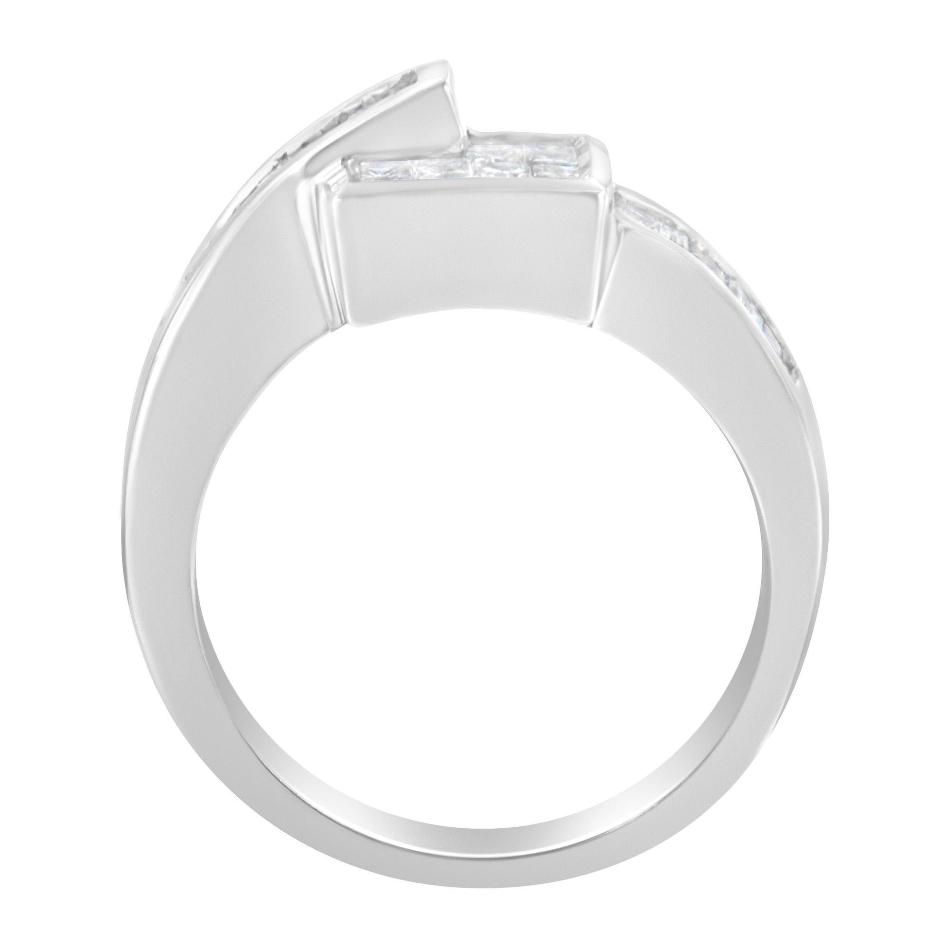 Side view of a white metal ring featuring channel-set white princess and baguette shape gemstones.