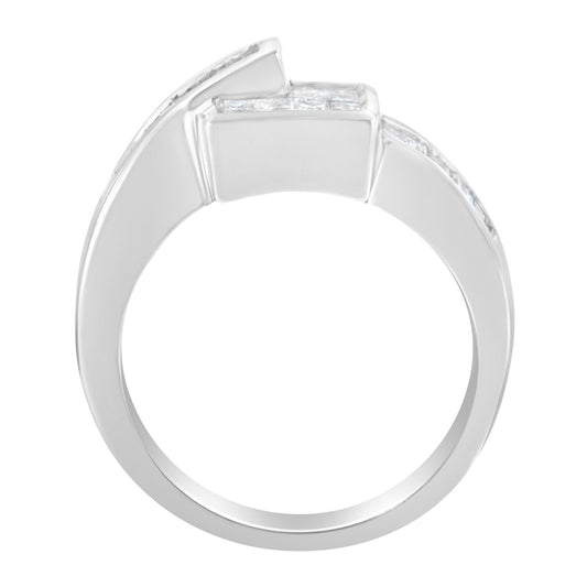 Side view of a white metal ring featuring channel-set white princess and baguette shape gemstones.