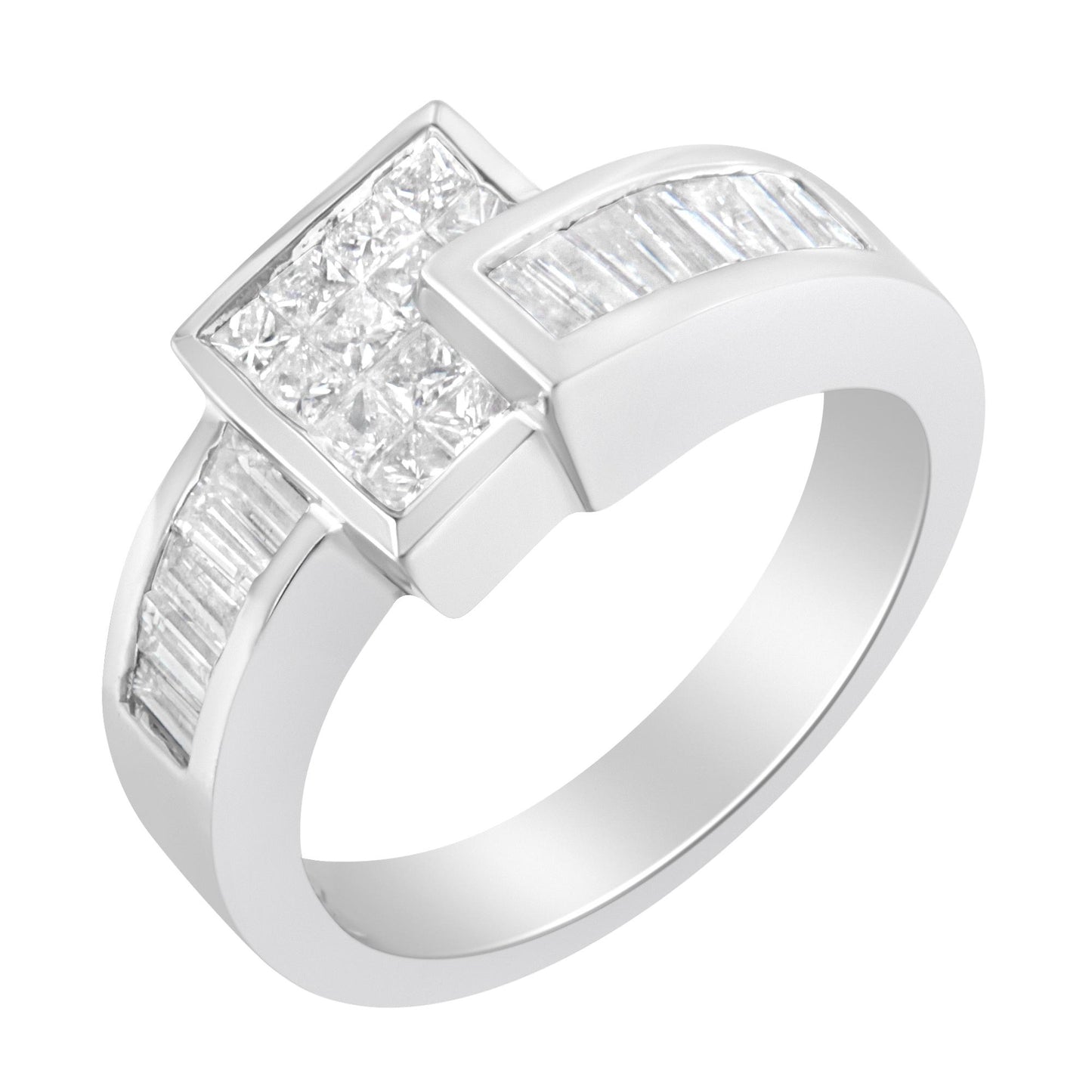 White metal ring shown in a three-quarter view featuring a square cluster of princess-shaped white gemstones in a channel setting on top, flanked by baguette-shaped white gemstones in channel settings along the band.