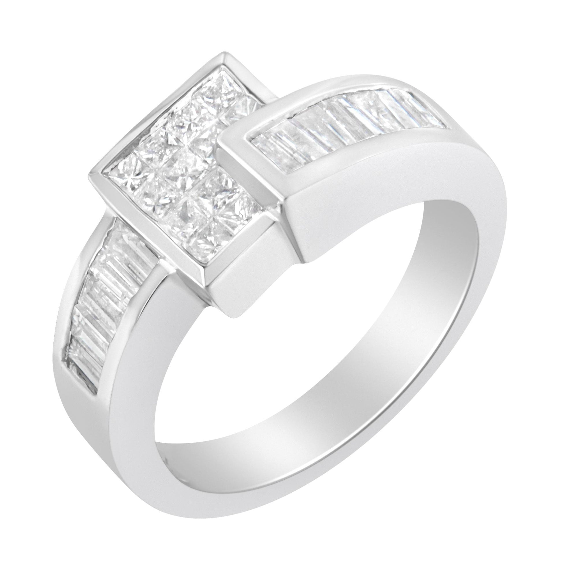 White metal ring shown in a three-quarter view featuring a square cluster of princess-shaped white gemstones in a channel setting on top, flanked by baguette-shaped white gemstones in channel settings along the band.