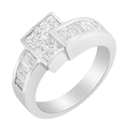 White metal ring shown in a three-quarter view featuring a square cluster of princess-shaped white gemstones in a channel setting on top, flanked by baguette-shaped white gemstones in channel settings along the band.
