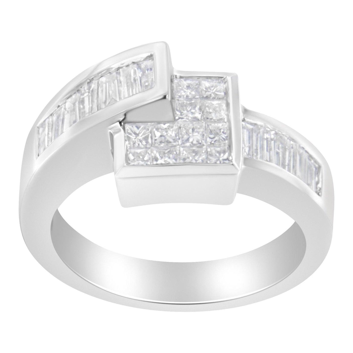 White metal ring with a modern intersecting design, featuring channel-set white princess and baguette-shaped gemstones, shown in a close-up angled view.