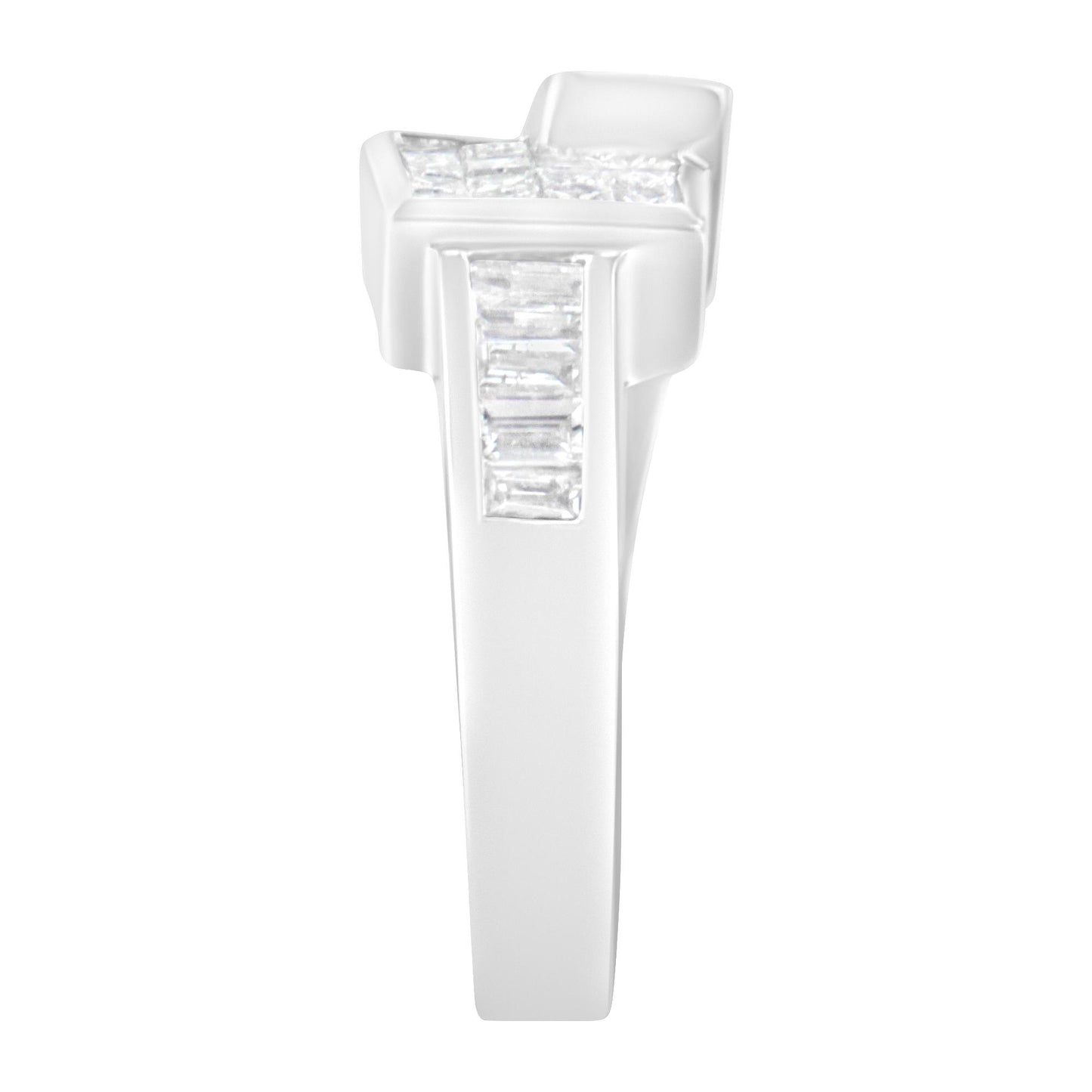 White metal ring with princess and baguette shaped white gemstones in channel settings, shown in a front close-up view.