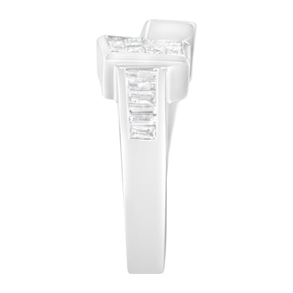 White metal ring with princess and baguette shaped white gemstones in channel settings, shown in a front close-up view.