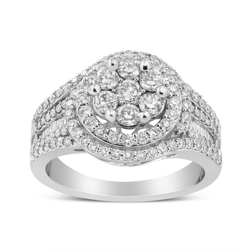Front angle of a white metal ring featuring a central cluster of round-shaped white gemstones in prong settings, surrounded by a halo of smaller round-shaped white gemstones, with additional rows of round and baguette-shaped white gemstones in channel settings along the band.