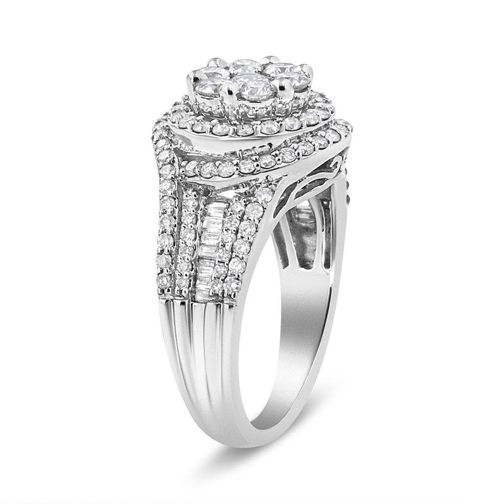 Side angle view of a white metal ring featuring multiple rows of round prong-set white gemstones and a central cluster of round prong-set white gemstones, accented by channel-set baguette white gemstones along the band.