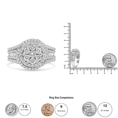 White metal ring with a round cluster of white round gemstones in prong settings, surrounded by two rows of smaller white round gemstones, and baguette-shaped white gemstones in channel settings along the band, shown from the front and side on a ruler for size reference.