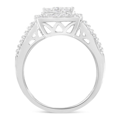 White metal ring with round and baguette white gemstones set on the band, shown from a side angle.