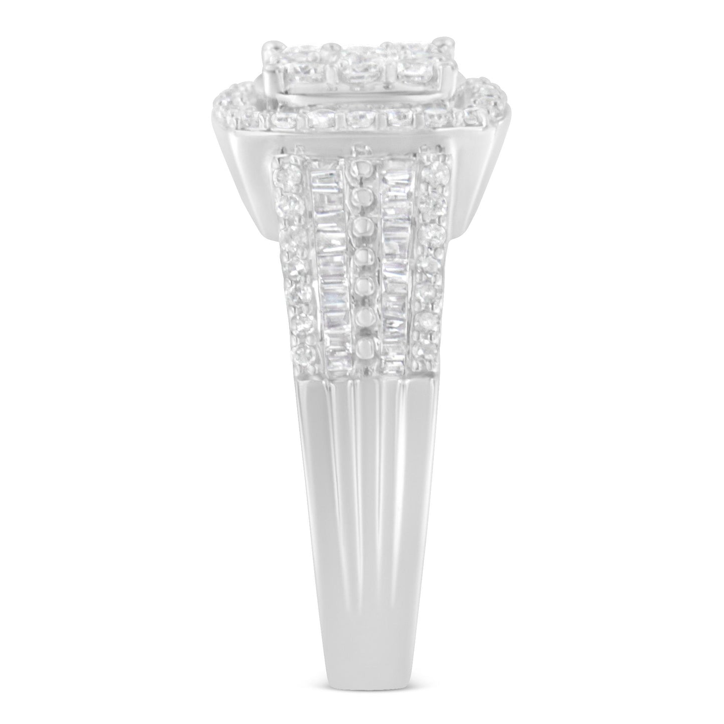 White metal ring shown from the side with a wide band featuring multiple rows of round and baguette white gemstones in prong and channel settings.