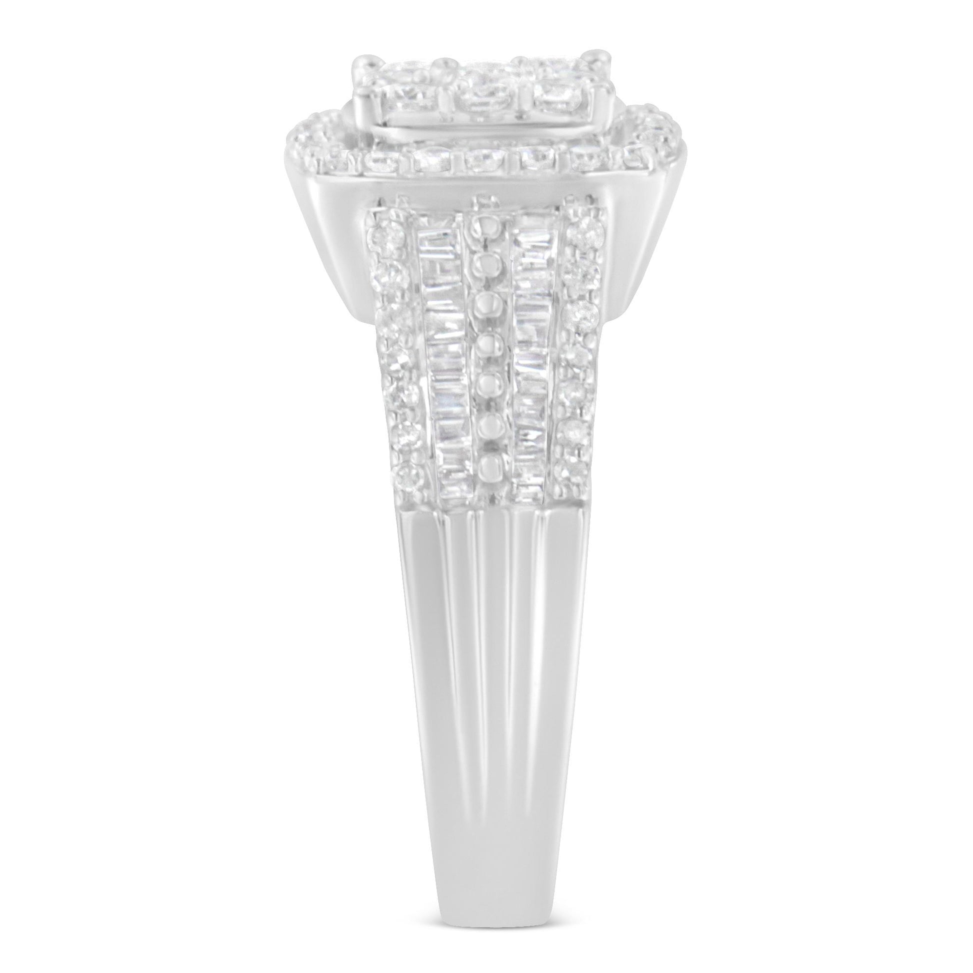 White metal ring shown from the side with a wide band featuring multiple rows of round and baguette white gemstones in prong and channel settings.