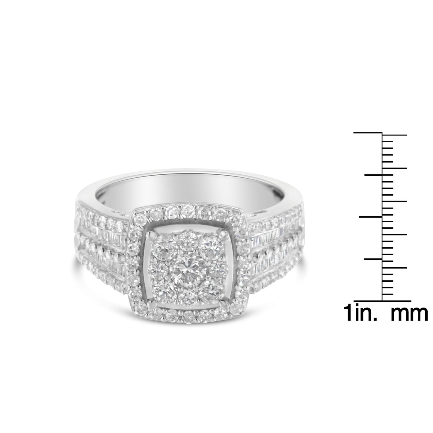 Front-facing shot of a white metal ring with a cushion-shaped cluster of round white gemstones in prong settings at the center, surrounded by a halo of smaller round white gemstones, with multiple rows of round and baguette-shaped white gemstones set along the band, shown next to a ruler for size reference.