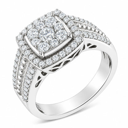 Angled view of 10K white gold diamond cluster ring showcasing round-cut diamonds in a prong setting with a white background