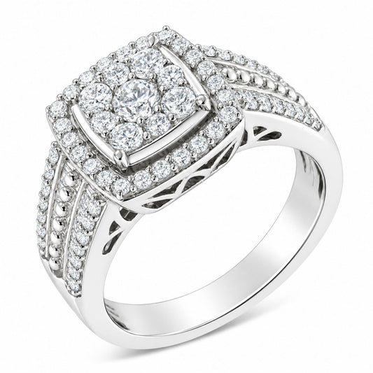 Anillo en racimo de diamantes en oro blanco de 10 quilates (1 quilates, color HI, claridad I1-I2)