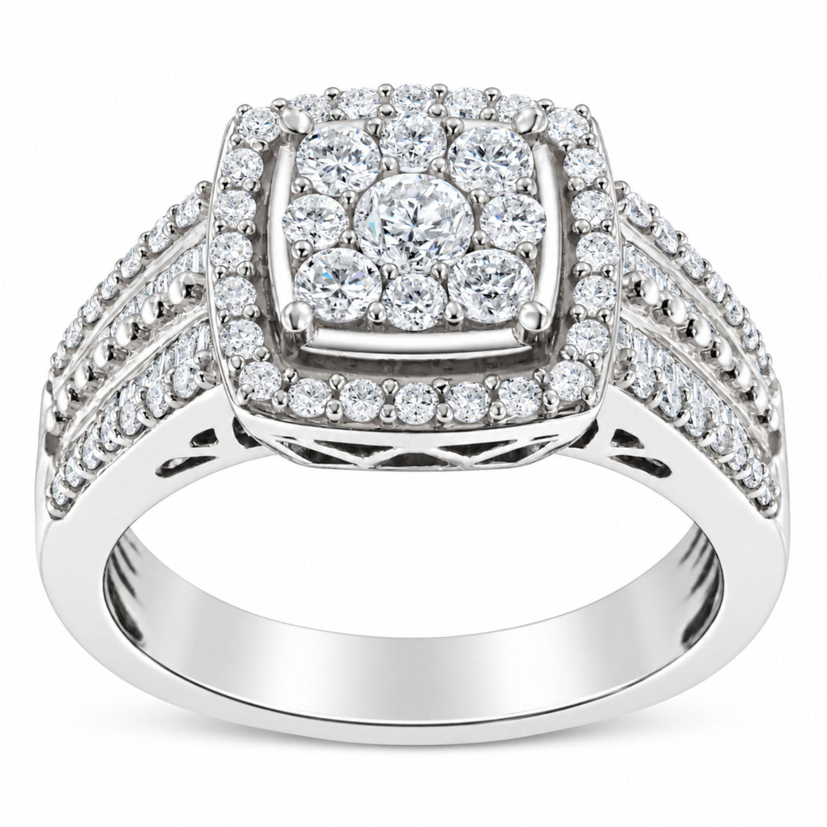 Front view of 10K white gold diamond cluster ring showcasing round cut diamonds in a prong setting on white background