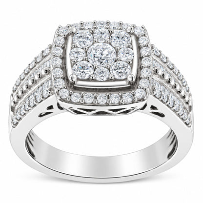 Front view of 10K white gold diamond cluster ring showcasing round cut diamonds in a prong setting on white background