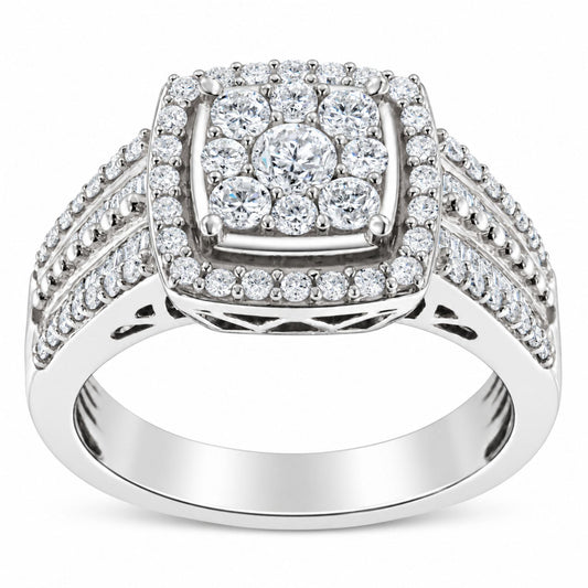 Anillo en racimo de diamantes en oro blanco de 10 quilates (1 quilates, color HI, claridad I1-I2)