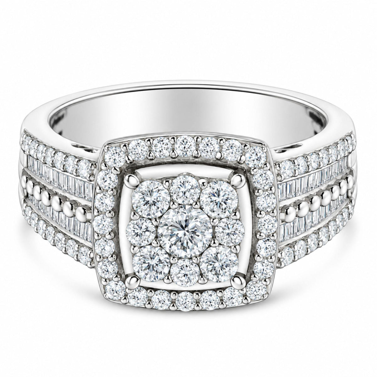 Anillo en racimo de diamantes en oro blanco de 10 quilates (1 quilates, color HI, claridad I1-I2)