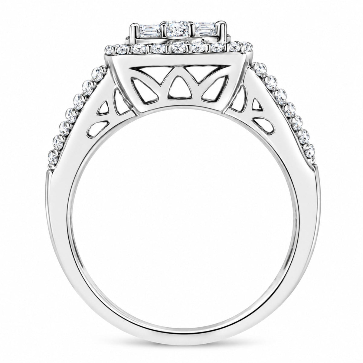 Anillo en racimo de diamantes en oro blanco de 10 quilates (1 quilates, color HI, claridad I1-I2)