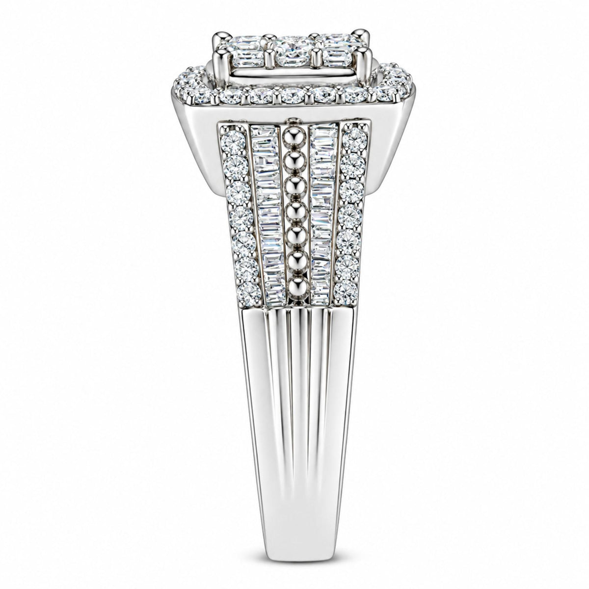 Underside view of 10K white gold diamond cluster ring showcasing round-cut diamonds in prong settings on a white background