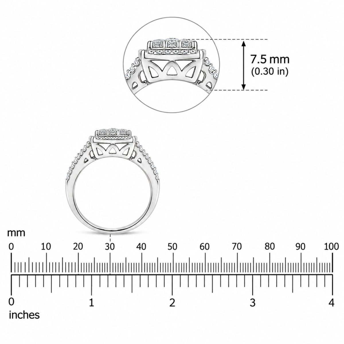Rear view of 10K white gold diamond cluster ring showing prong-set round diamonds, 7.5 mm height, and ruler scale