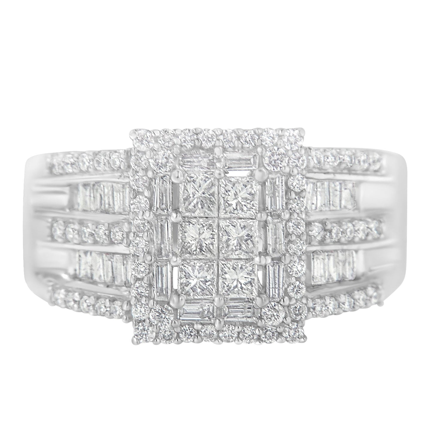 Close-up front view of a white metal ring featuring a rectangular cluster of princess and baguette shape white gemstones in prong and channel settings, surrounded by a border of round white gemstones and additional rows of round and baguette white gemstones along the band.