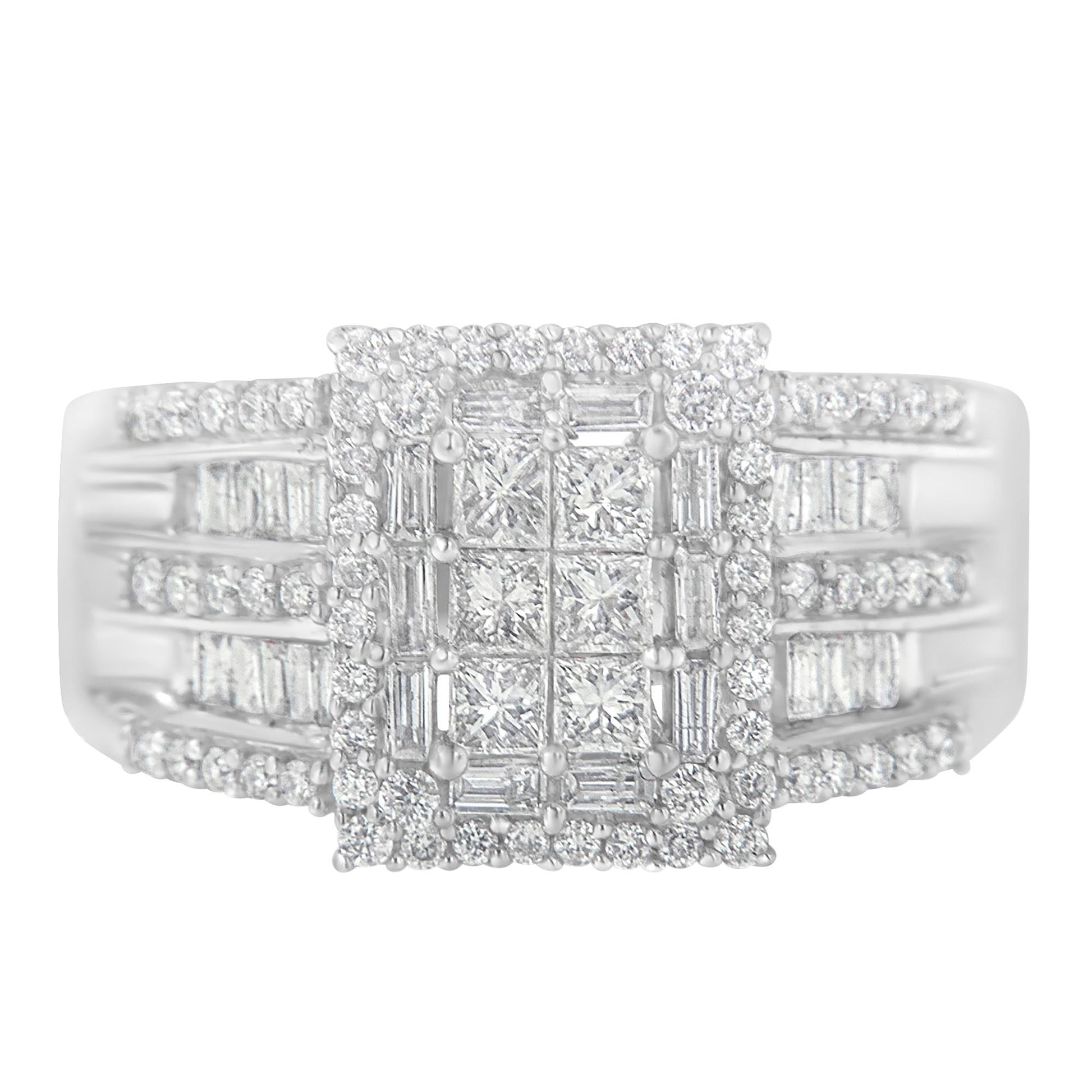 Close-up front view of a white metal ring featuring a rectangular cluster of princess and baguette shape white gemstones in prong and channel settings, surrounded by a border of round white gemstones and additional rows of round and baguette white gemstones along the band.