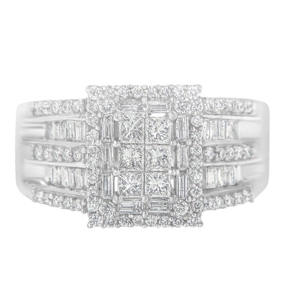 Close-up front view of a white metal ring featuring a rectangular cluster of princess and baguette shape white gemstones in prong and channel settings, surrounded by a border of round white gemstones and additional rows of round and baguette white gemstones along the band.