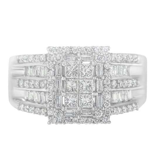 Close-up front view of a white metal ring featuring a rectangular cluster of princess and baguette shape white gemstones in prong and channel settings, surrounded by a border of round white gemstones and additional rows of round and baguette white gemstones along the band.