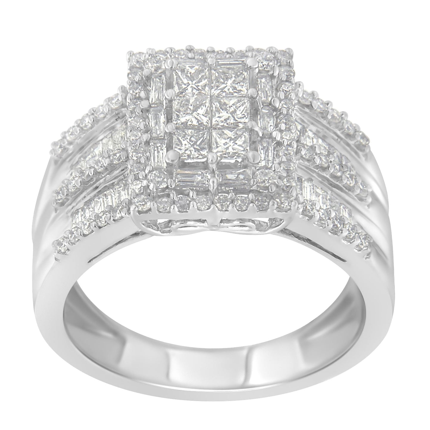 Front angle view of a white metal ring featuring a square cluster of princess shape gemstones in prong settings, surrounded by multiple rows of channel-set baguette shape and prong-set round shape white gemstones on the band.
