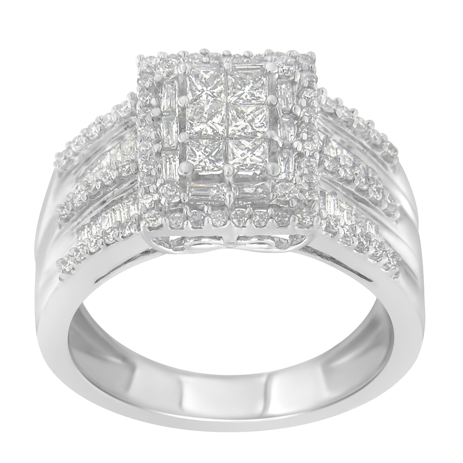 Front angle view of a white metal ring featuring a square cluster of princess shape gemstones in prong settings, surrounded by multiple rows of channel-set baguette shape and prong-set round shape white gemstones on the band.