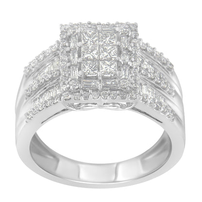 Front angle view of a white metal ring featuring a square cluster of princess shape gemstones in prong settings, surrounded by multiple rows of channel-set baguette shape and prong-set round shape white gemstones on the band.