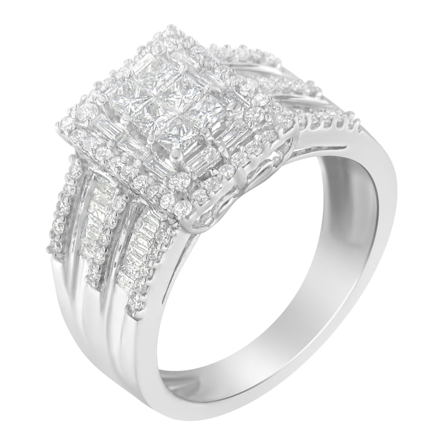 White metal ring with a square cluster of prong-set princess and round white gemstones, accented by channel-set baguette white gemstones along the band, shown at an angled close-up view.