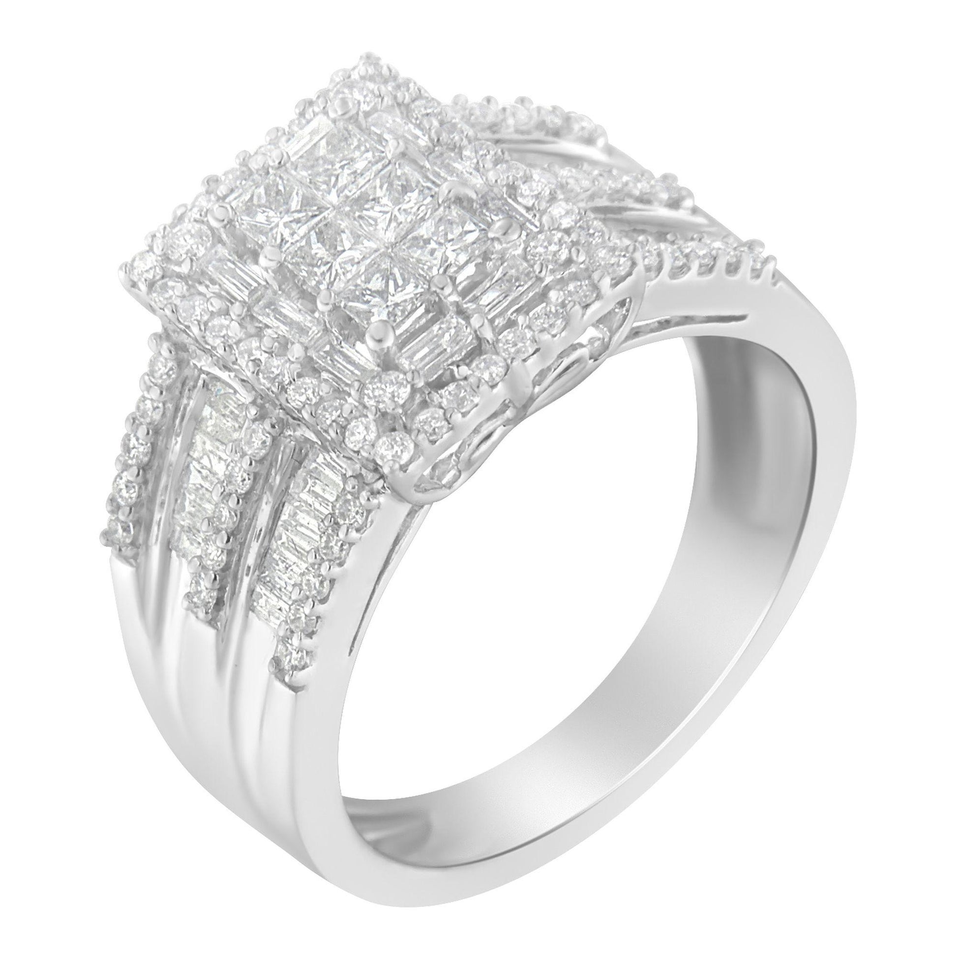 White metal ring with a square cluster of prong-set princess and round white gemstones, accented by channel-set baguette white gemstones along the band, shown at an angled close-up view.