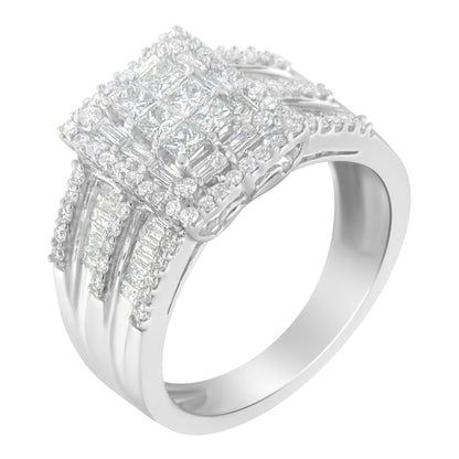 White metal ring with a square cluster of prong-set princess and round white gemstones, accented by channel-set baguette white gemstones along the band, shown at an angled close-up view.