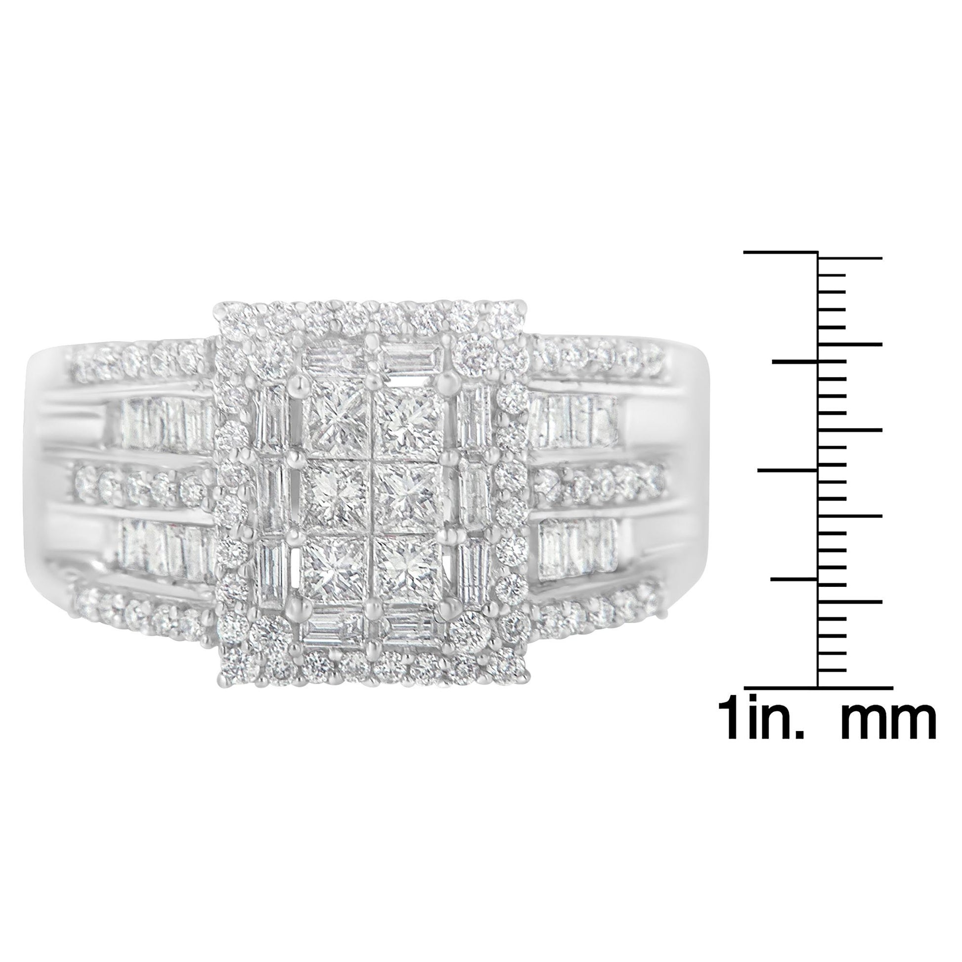 Front view of a white metal ring with multiple princess, baguette, and round white gemstones in prong and channel settings, shown next to a scale for size reference.