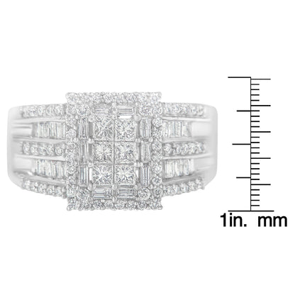 Front view of a white metal ring with multiple princess, baguette, and round white gemstones in prong and channel settings, shown next to a scale for size reference.