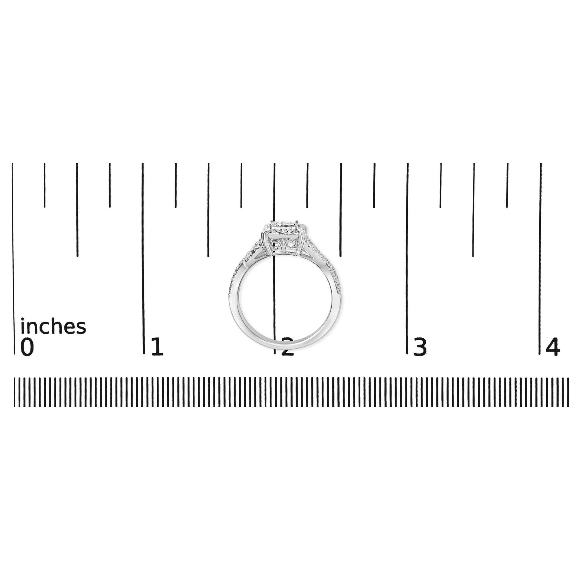 Top view of a white metal ring with princess shape white gemstones in an invisible setting, placed on a ruler for size reference.