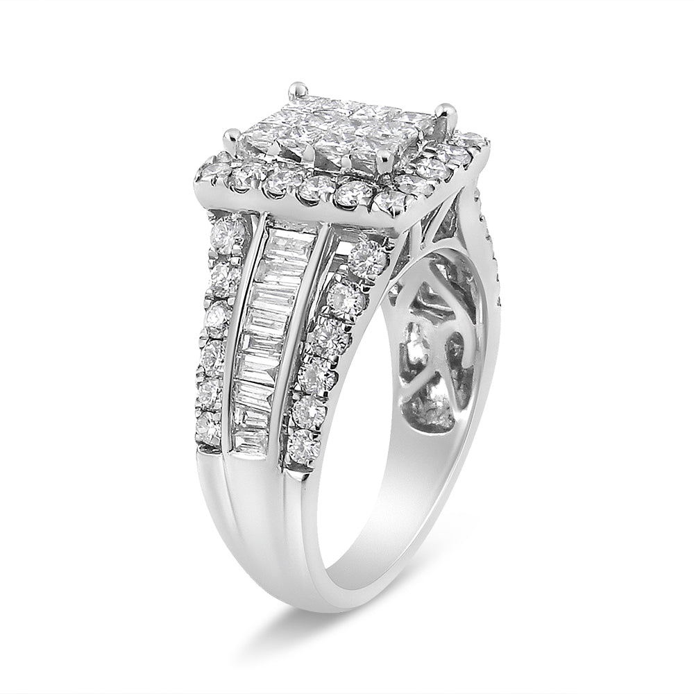 White metal ring with a raised square cluster of princess-shaped white gemstones in invisible setting, surrounded by round white gemstones in prong setting, with two rows of baguette-shaped white gemstones in channel setting on the band, shown at an angled side view.